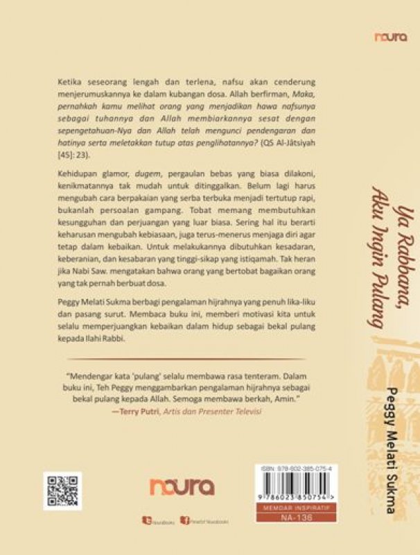 Cover Belakang Buku INSPIRASI HIJRAH PEGGY MELATI SUKMA : Ya Rabbana, Aku Ingin Pulang Sebuah Kisah Perenungan Batin