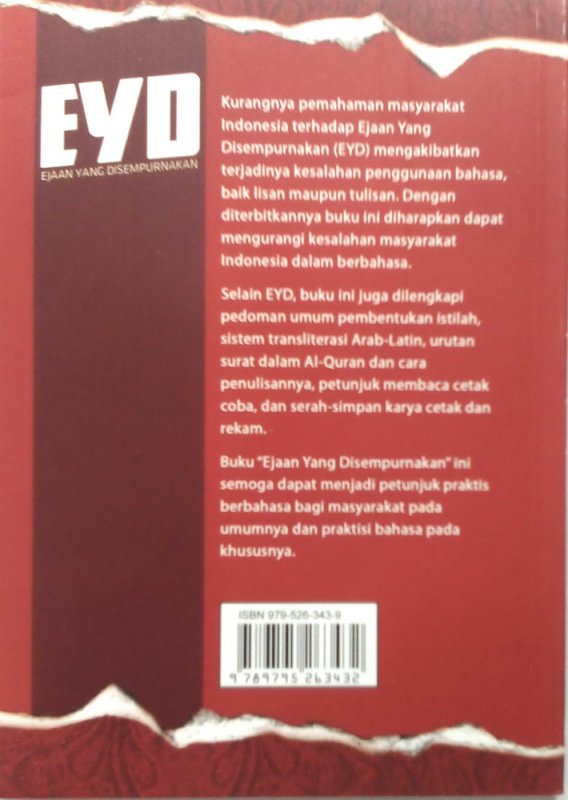 Cover Belakang Buku EYD (Ejaan Yang Disempurnakan) KEP. MENDIKBUD NO. 0543A TH.1987  (Disc 50%)