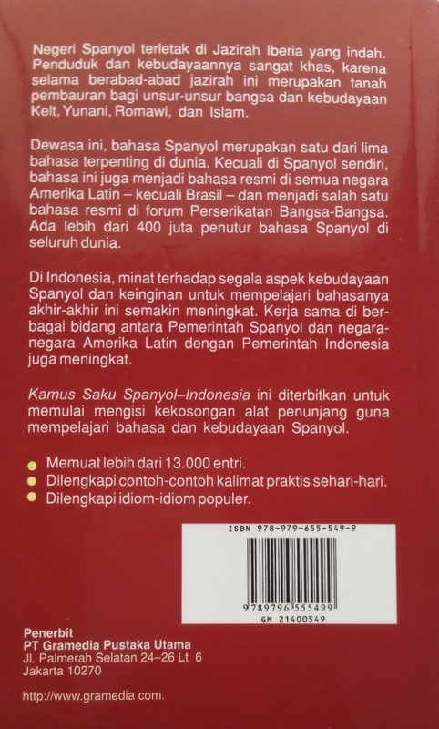 Cover Belakang Buku Kamus Saku Spanyol-Indonesia