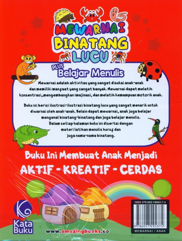 Cover Belakang Buku Mewarnai Binatang Lucu Plus Belajar Menulis