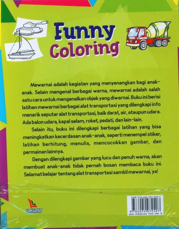Cover Belakang Buku Funny Coloring (Mengenal, Mewarnai, & Menempel Stiker Alat Transportasi)