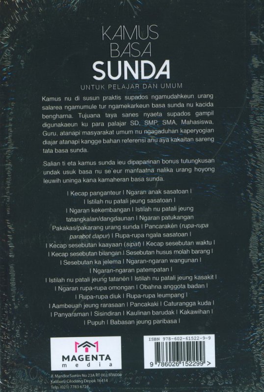 Cover Belakang Buku Kamus Bahasa Sunda Untuk Pelajar dan Umum