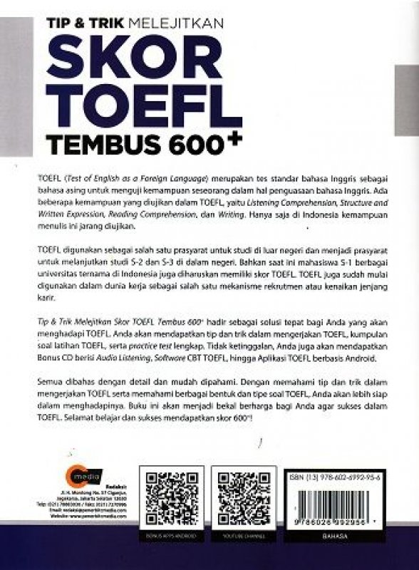 Cover Belakang Buku TIP & TRIK MELEJITKAN SKOR TOEFL TEMBUS 600+ (Promo Best Book)