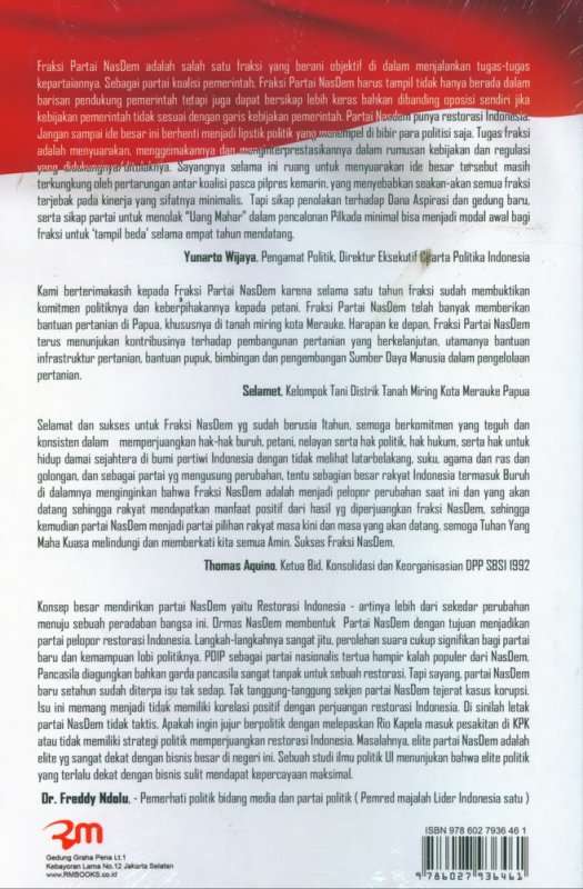 Cover Belakang Buku Restorasi Bersama Rakyat - Satu Tahun Kinerja Fraksi Partai NasDem