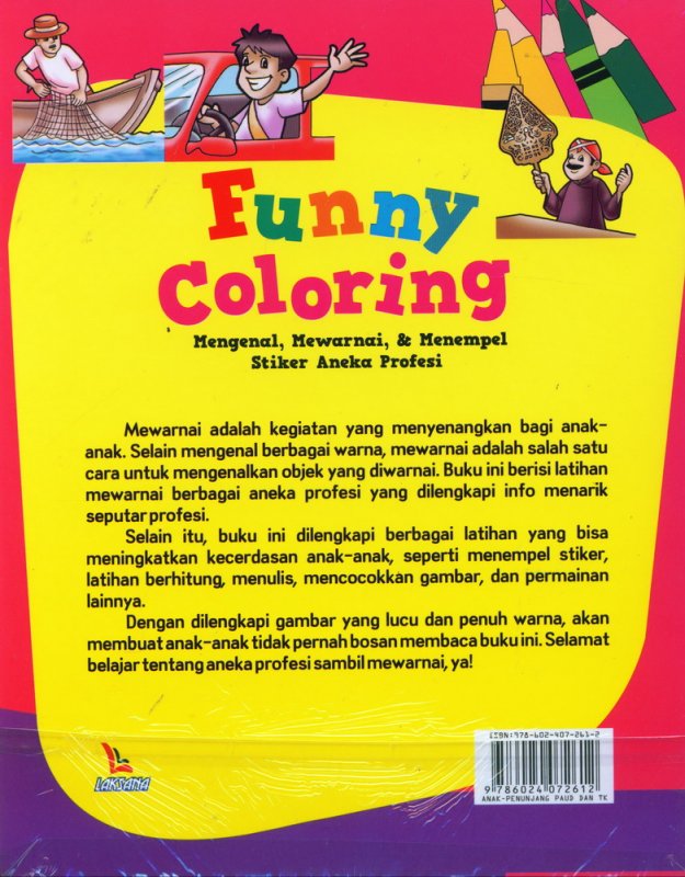 Cover Belakang Buku Funny Coloring (Mengenal, Mewarnai, & Menempel Stiker Aneka Profesi)