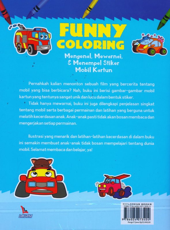 Cover Belakang Buku Funny Coloring: Mengenal Mewarnai & Menempel Stiker Mobil Kartun