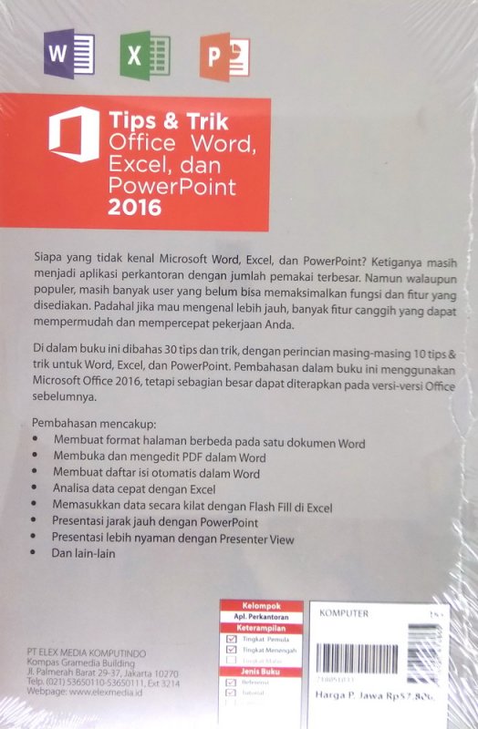 Cover Belakang Buku Tips & Trik Office Word, Excel, dan PowerPoint 2016
