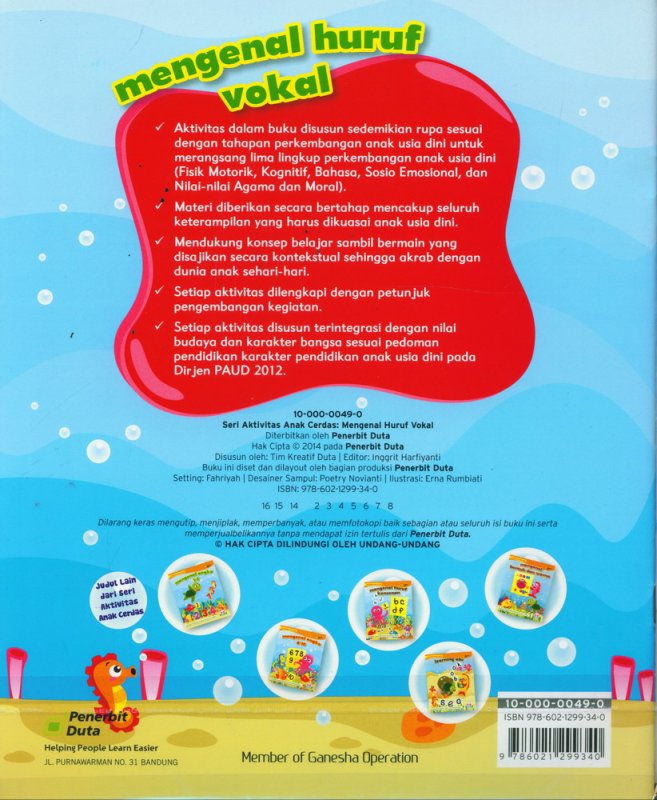 Cover Belakang Buku Seri Aktivitas Anak Cerdas: Mengenal Huruf Vokal (2-4 tahun)