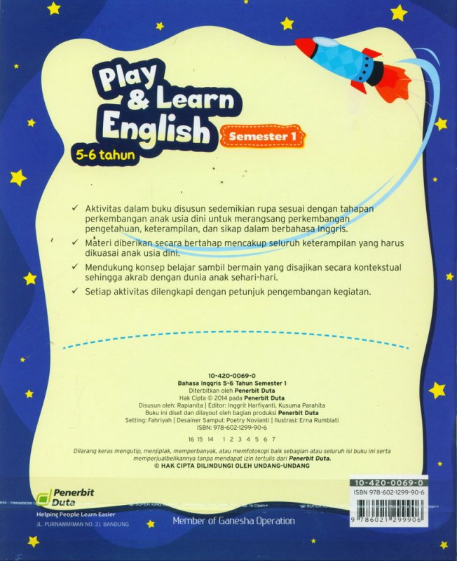 Cover Belakang Buku Play & Learn English 5-6 Tahun Semester 1