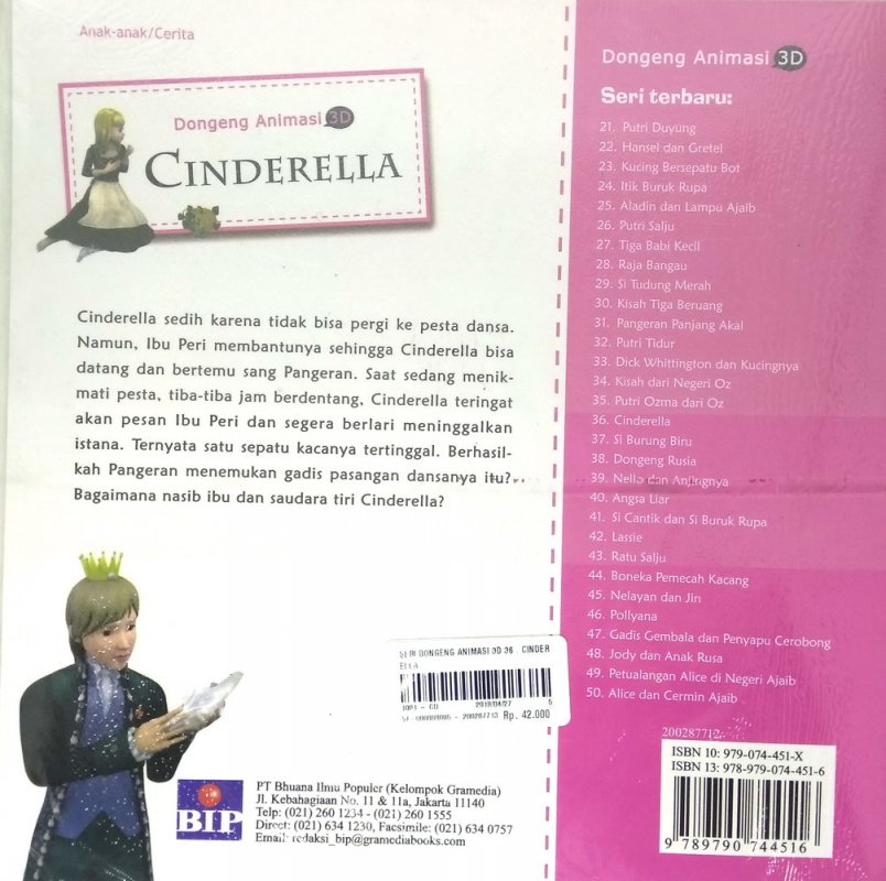Cover Belakang Buku Seri Dongeng Animasi 3D : Cinderella