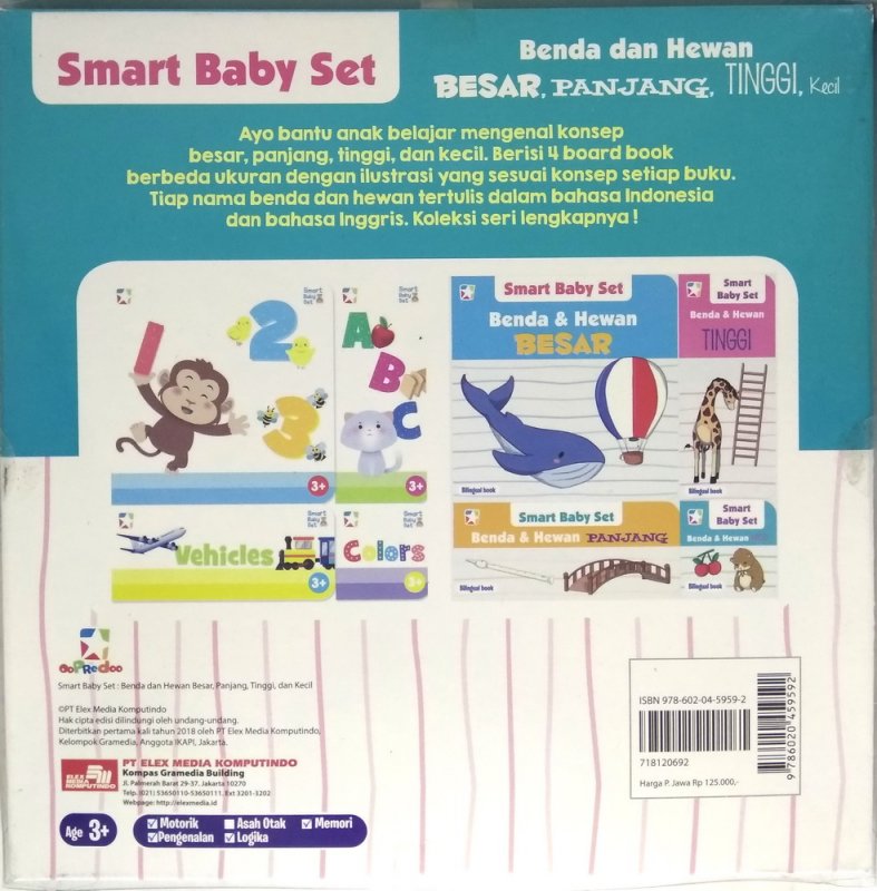 Cover Belakang Buku Smart Baby Set: Benda dan Hewan Besar, Panjang, Tinggi, dan Kecil (Hard Cover)