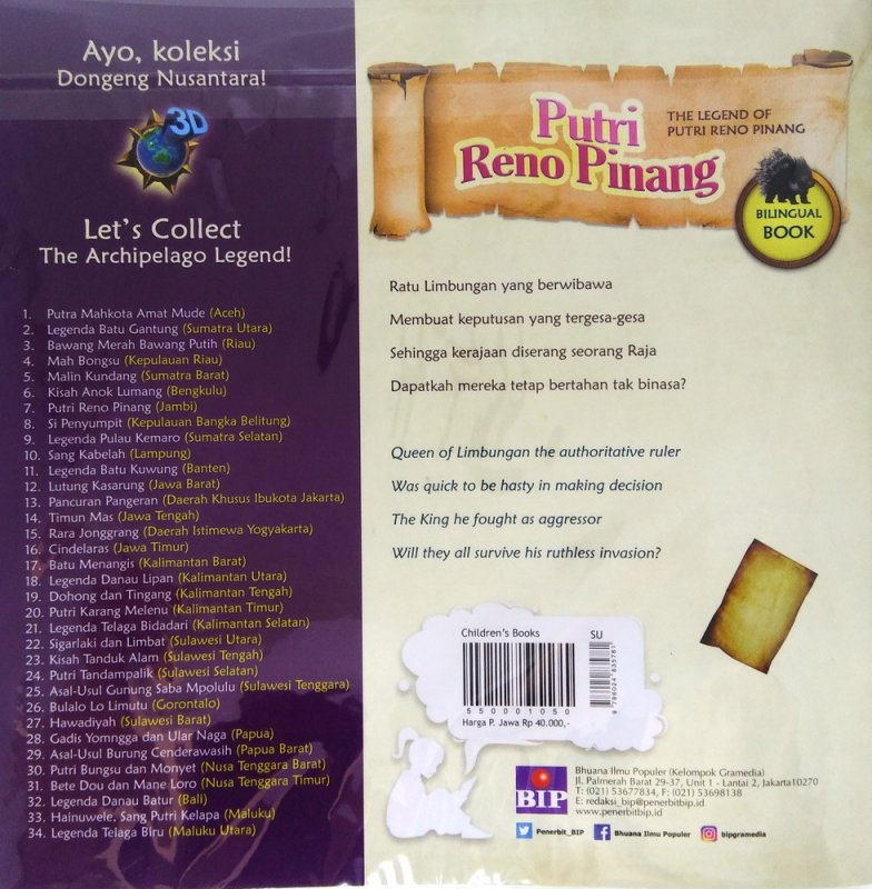Cover Belakang Buku Seri Dongeng 3D Nusantara : Putri Reno Pinang
