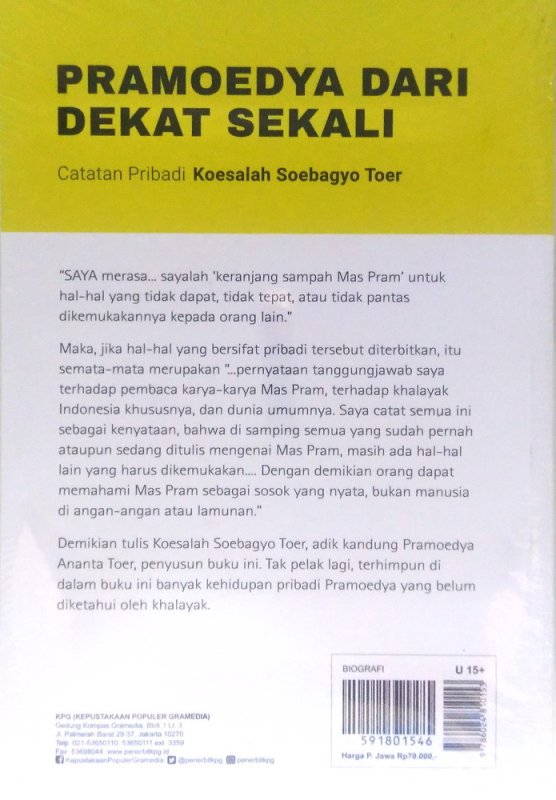 Cover Belakang Buku Pramoedya Ananta Toer Dari Dekat Sekali - Cover Baru