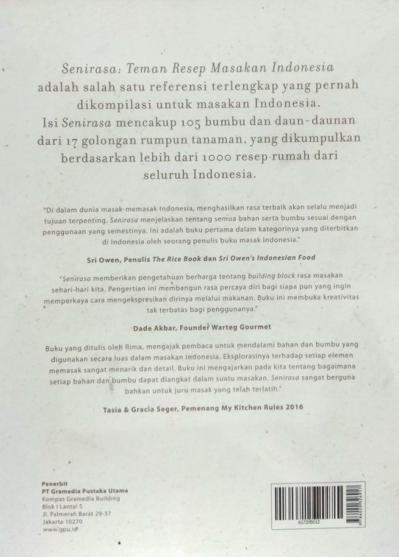Cover Belakang Buku Senirasa: A Companion to Indonesian Cooking ( english)