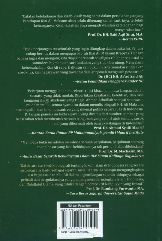 Cover Belakang Buku KH. ALi Maksum Ulama, Pesantren, dan NU (lkis)