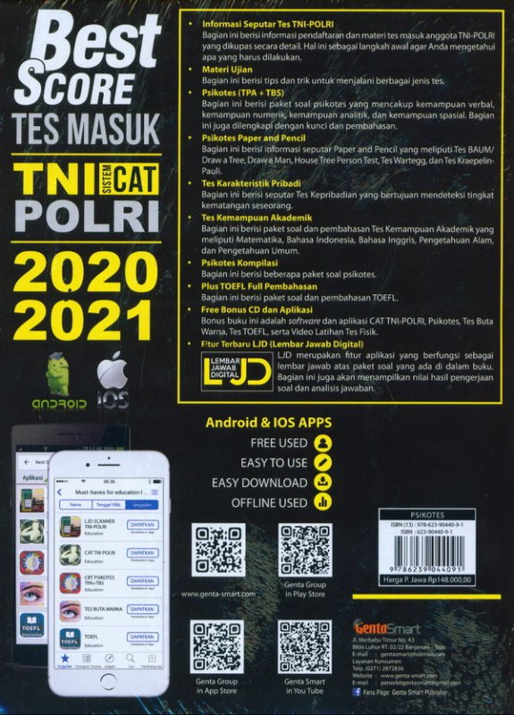 Cover Belakang Buku Best Score Tes Masuk TNI PORLI Sistem Cat 2020-2021