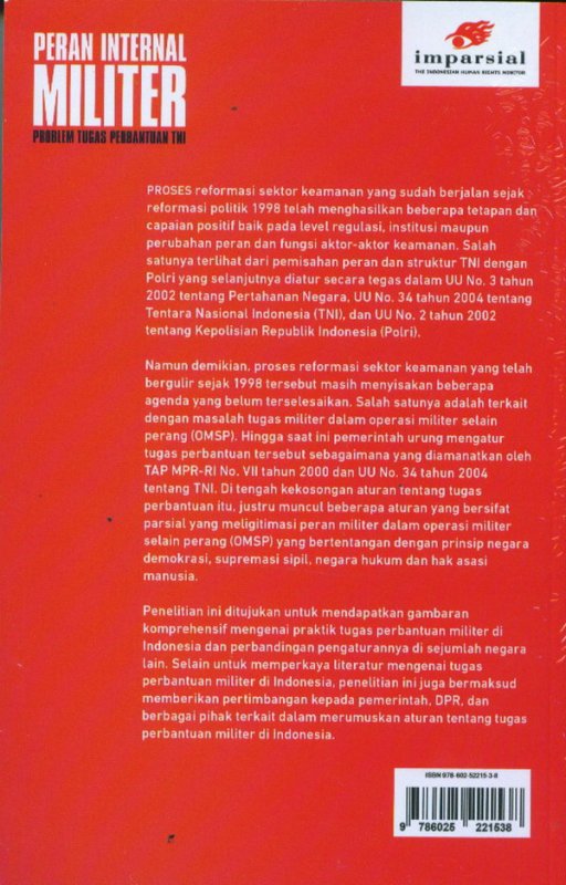 Cover Belakang Buku Peran Internal Militer: Problem Tugas Perbantuan TNI