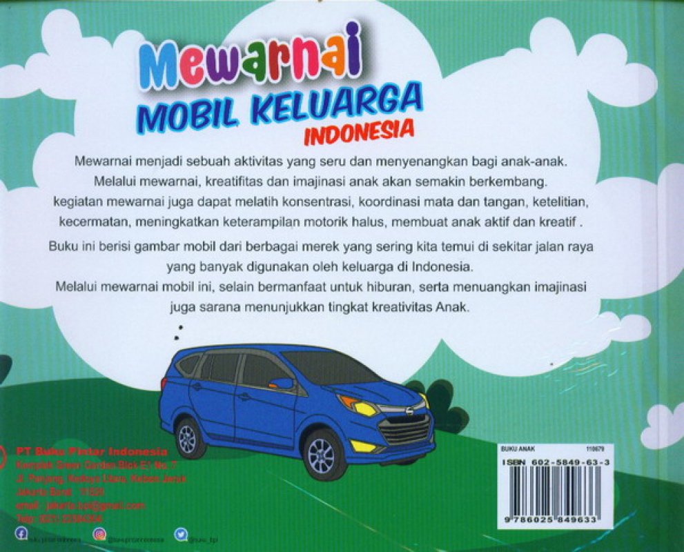 Cover Belakang Buku Seri Mewarnai Bupi Book: Mewarnai Mobil Keluarga Indonesia