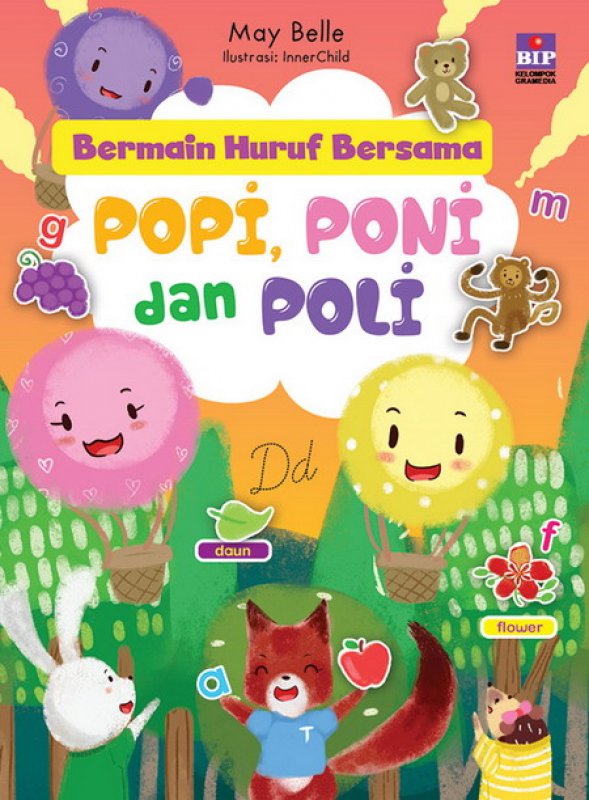 Cover Buku Bermain Huruf Bersama Popi, Poni, Dan Poli