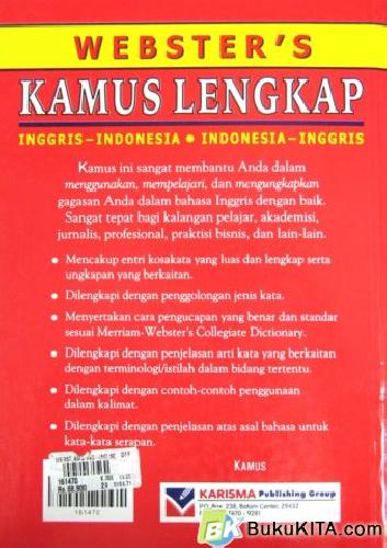 Cover Belakang Buku WEBSTER`S KAMUS LENGKAP INGGRIS-INDONESIA:INDONESIA-INGGRIS (HVS,Soft Cover) 