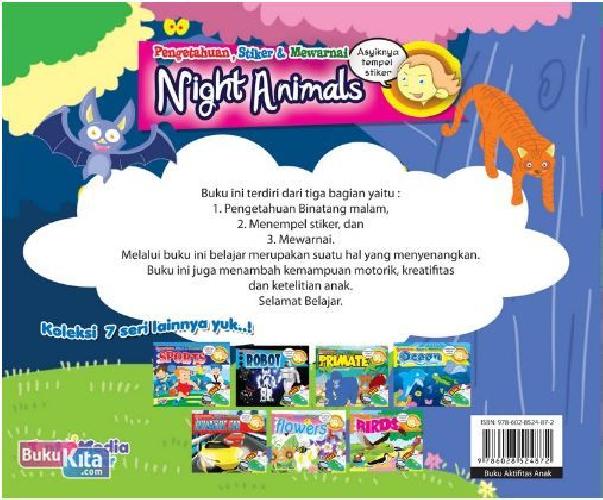 Cover Belakang Buku Pengetahuan, Stiker & Mewarnai Night Animals 3 in 1