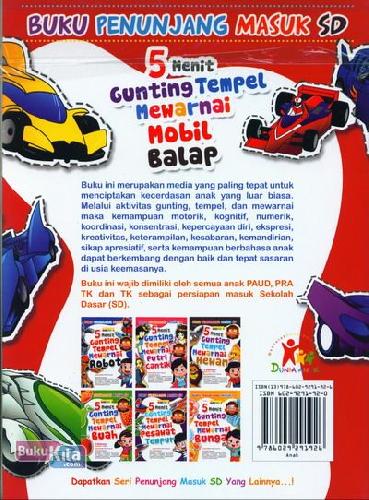 Cover Belakang Buku 5 Menit Gunting Tempel Mewarnai Mobil Balap (Buku Penunjang Masuk SD)