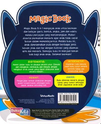 Cover Belakang Buku Magic Book 5 In 1 Bermain Garis, Bentuk, Angka, Jam, Waktu