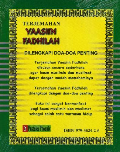 Cover Belakang Buku Terjemahan Yaasiin Fadhilah Dilengkapi Doa-Doa Penting