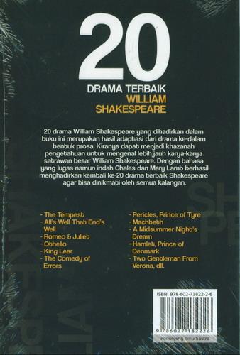 Cover Belakang Buku 20 Drama Terbaik William Shakespeare