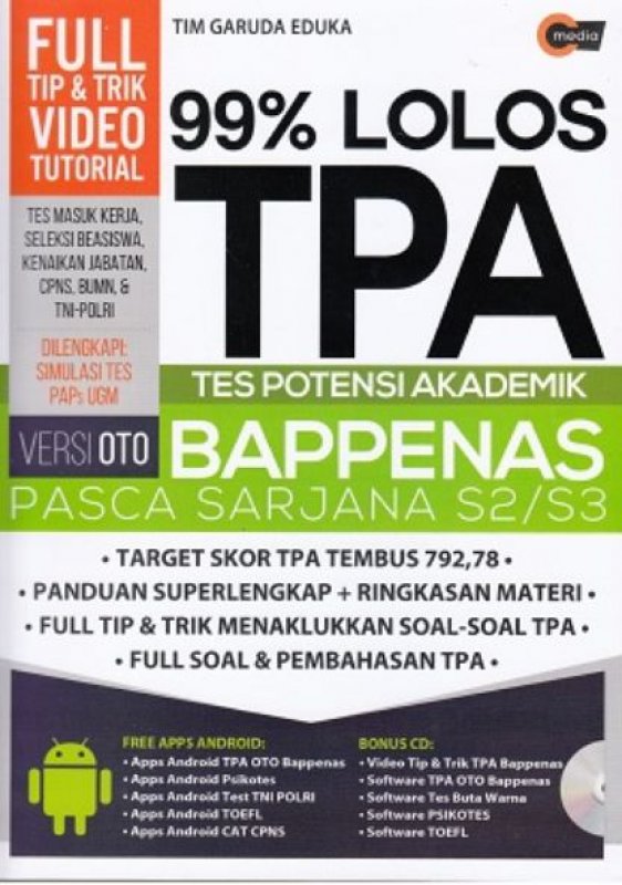 Cover Buku 99% Lolos TPA TES Potensi Akademik OTO BAPPENAS Pasca Sarjana S2/S3 (Bonus CD)