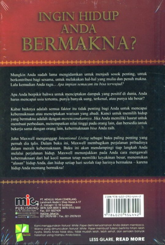 Cover Belakang Buku Intentional Living: Memilih Menjalani Hidup Bermakna